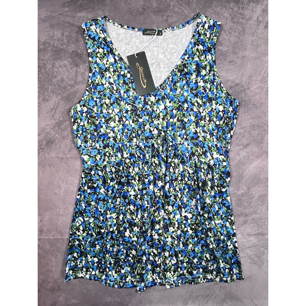 OFEEFAN Tank Top Women Small Blue Floral Pleated Career Summer Wide Strap V-Neck